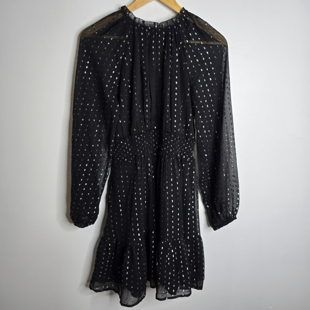 Old Navy Black Metallic Dot Sheer Long Sleeve Smocked Waist Tiered Mini Dress M - Picture 2 of 6